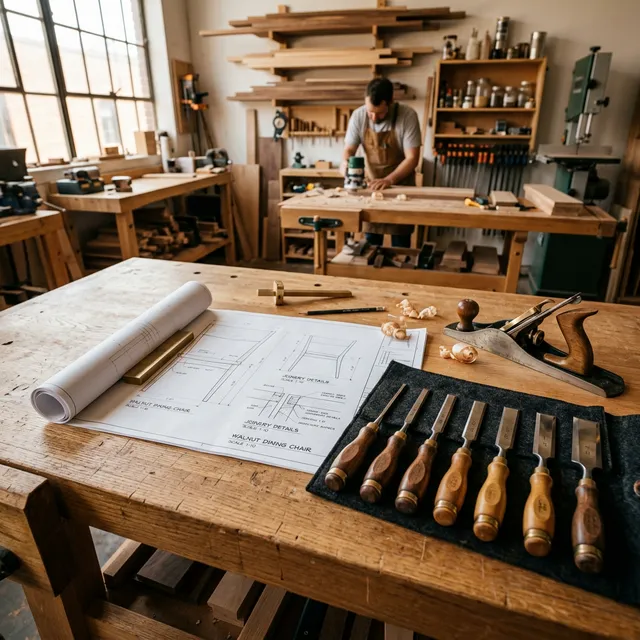 A woodworker's bench with plans, chisels and hand tools