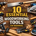 Essential woodworking tools for beginners including drill, circular saw, chisels, clamps, router and sander arranged on a workshop table