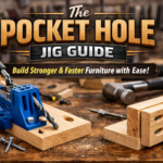 Pocket hole jig drilling angled holes in wood boards on a workbench, demonstrating pocket hole joinery used for strong woodworking furniture joints.