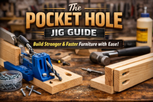 Pocket hole jig drilling angled holes in wood boards on a workbench, demonstrating pocket hole joinery used for strong woodworking furniture joints.